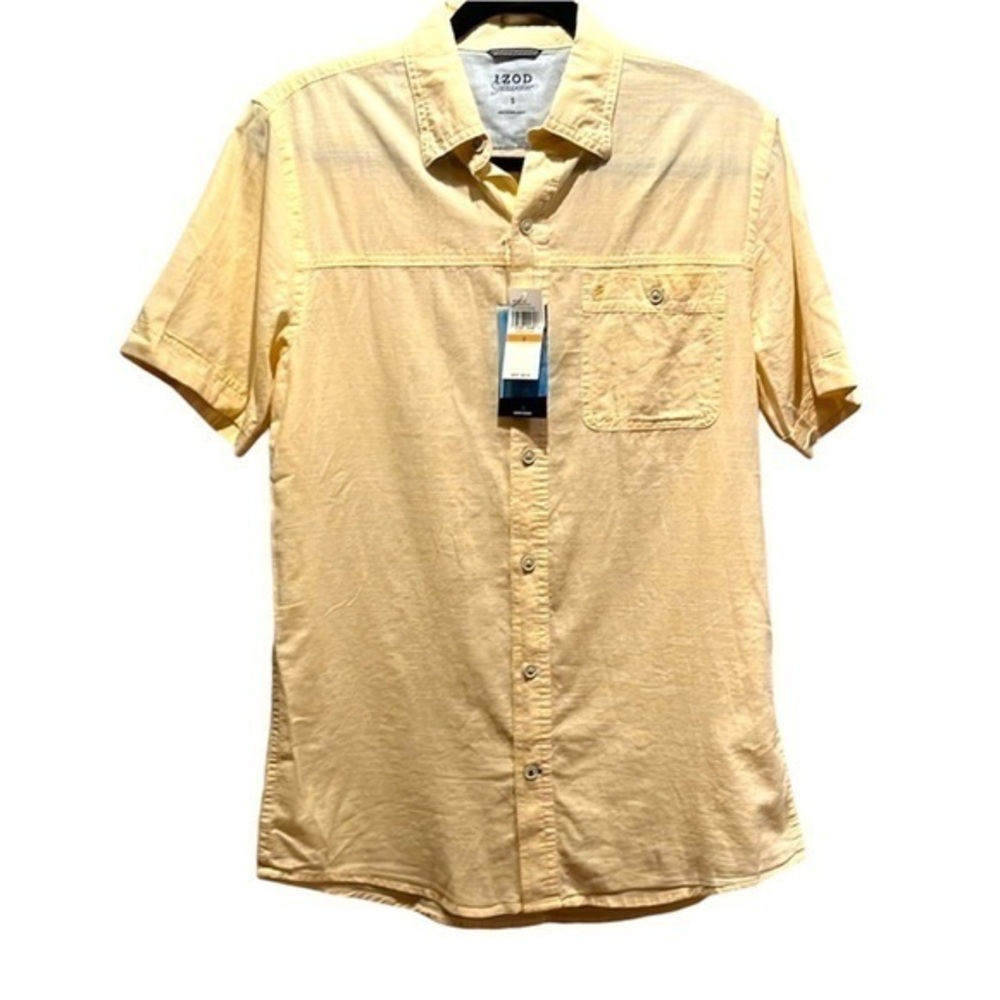 New Izod Men’s Dockside Chambray Short sleeve button down Yellow Size Small NWT